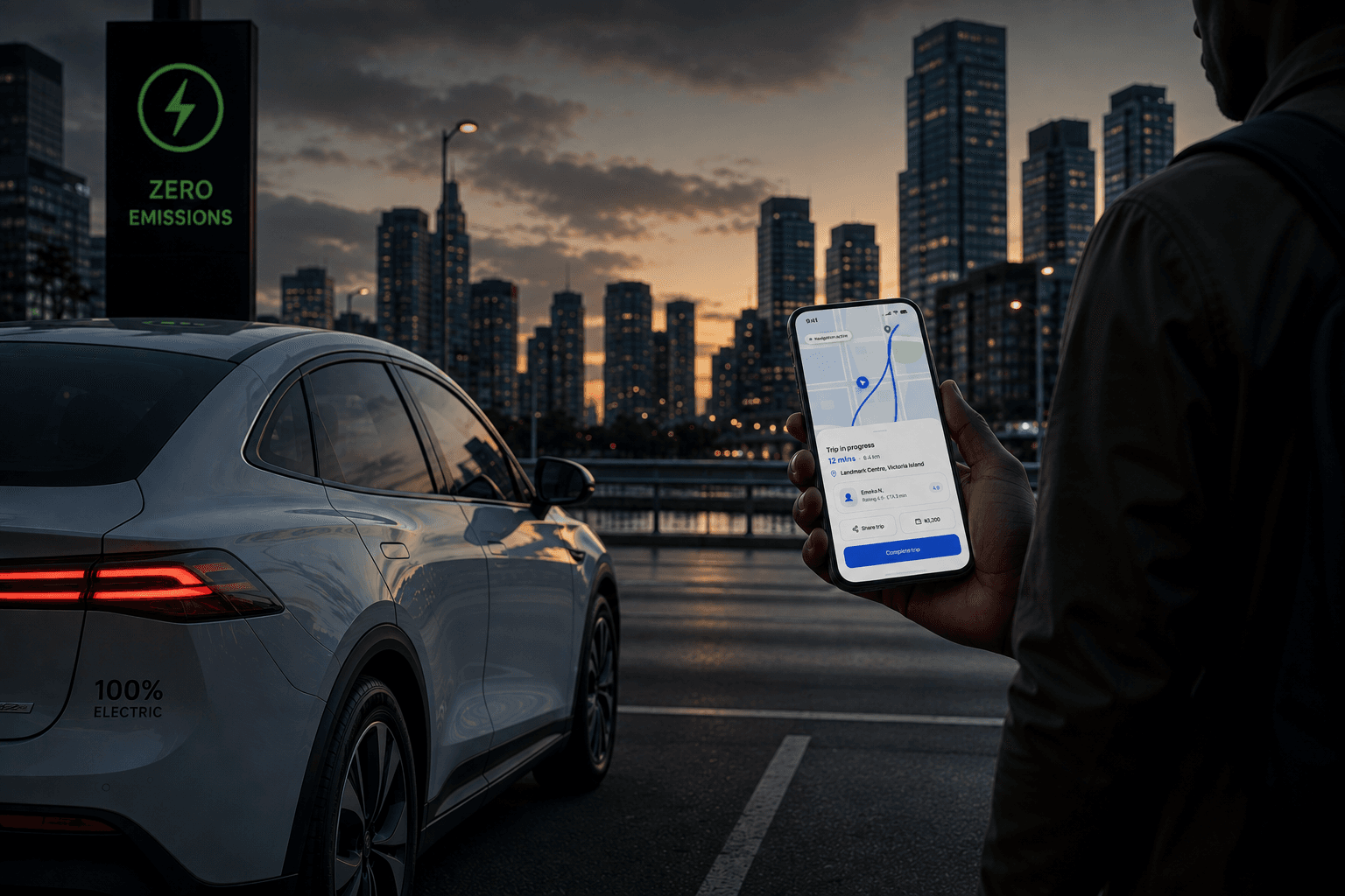 Hero — electric car at dusk, city skyline, rider holding the app.