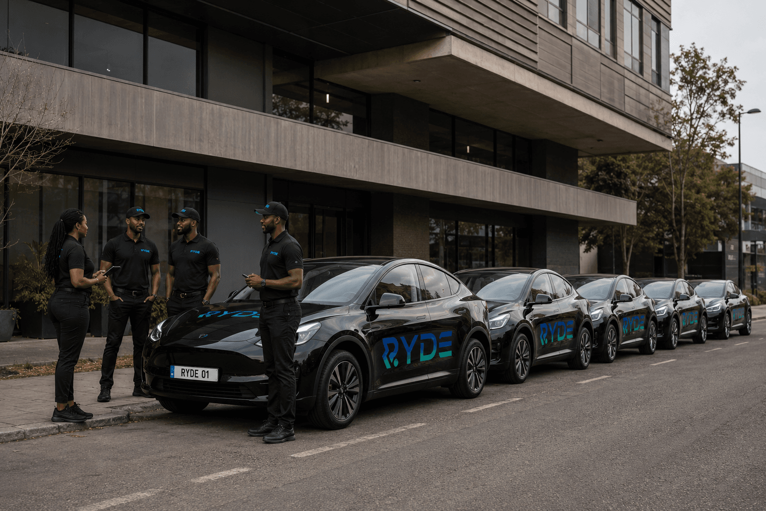 Four RYDe team members in branded uniform beside a line-up of branded electric vehicles outside an office building.
