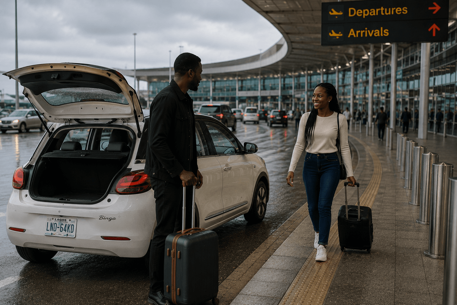 A rider walking up with a suitcase to a white RYDe electric car waiting at the airport terminal kerb, boot open and a driver loading luggage.