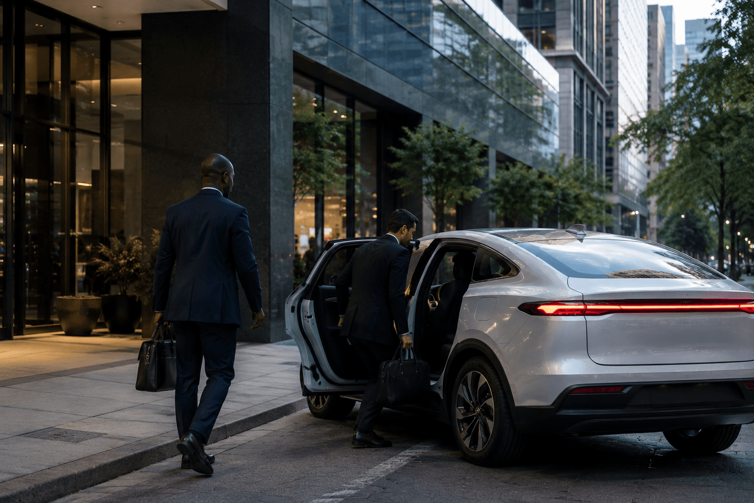 Two colleagues in suits leaving an office building, one stepping into a waiting white electric RYDe at the kerb.