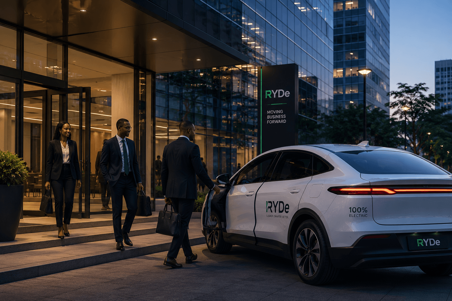 Two colleagues in suits leaving an office building, one stepping into a waiting white electric RYDe at the kerb.