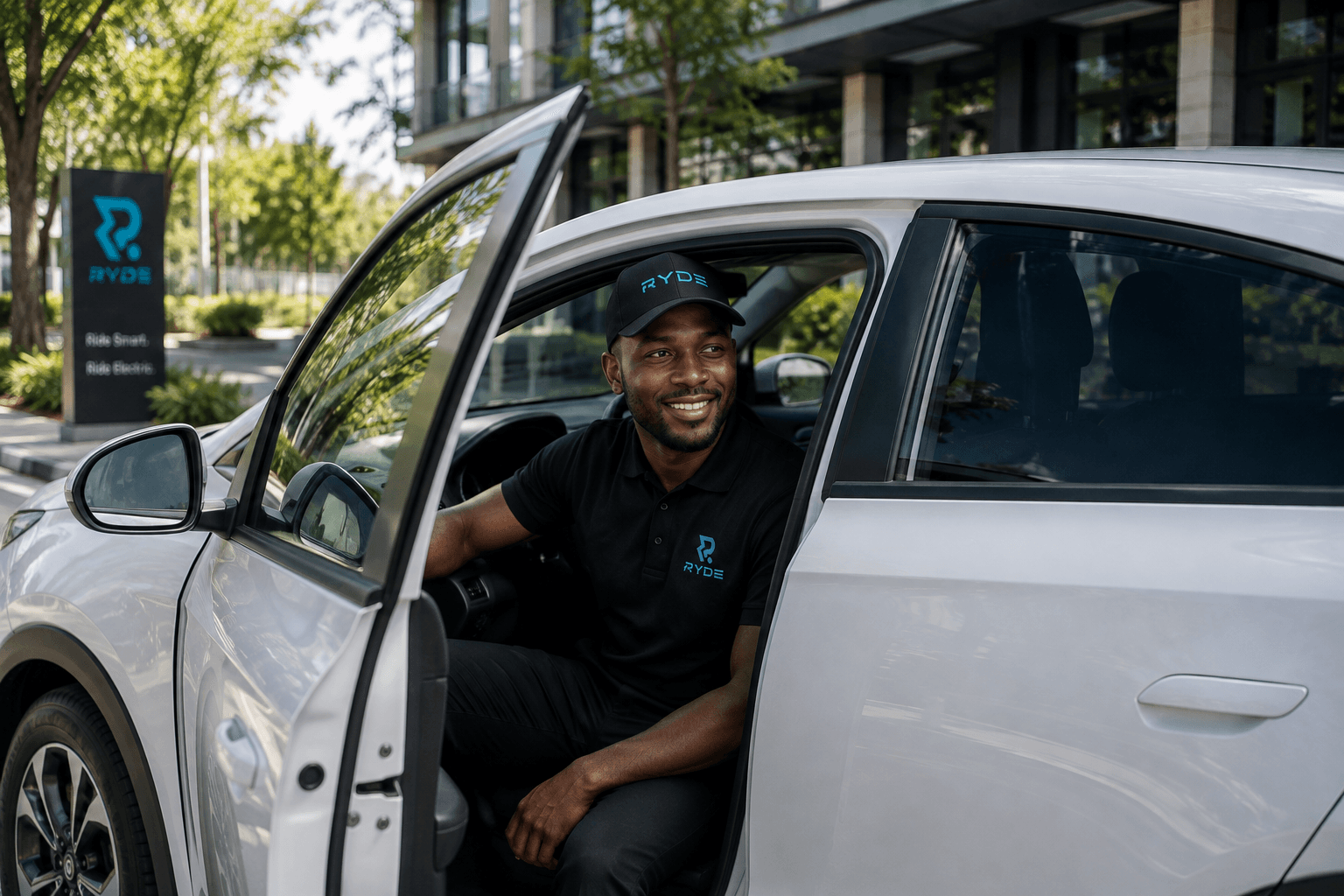 A RYDe driver in a branded polo and cap seated at the wheel of a white electric car with the door open, outside an office building.